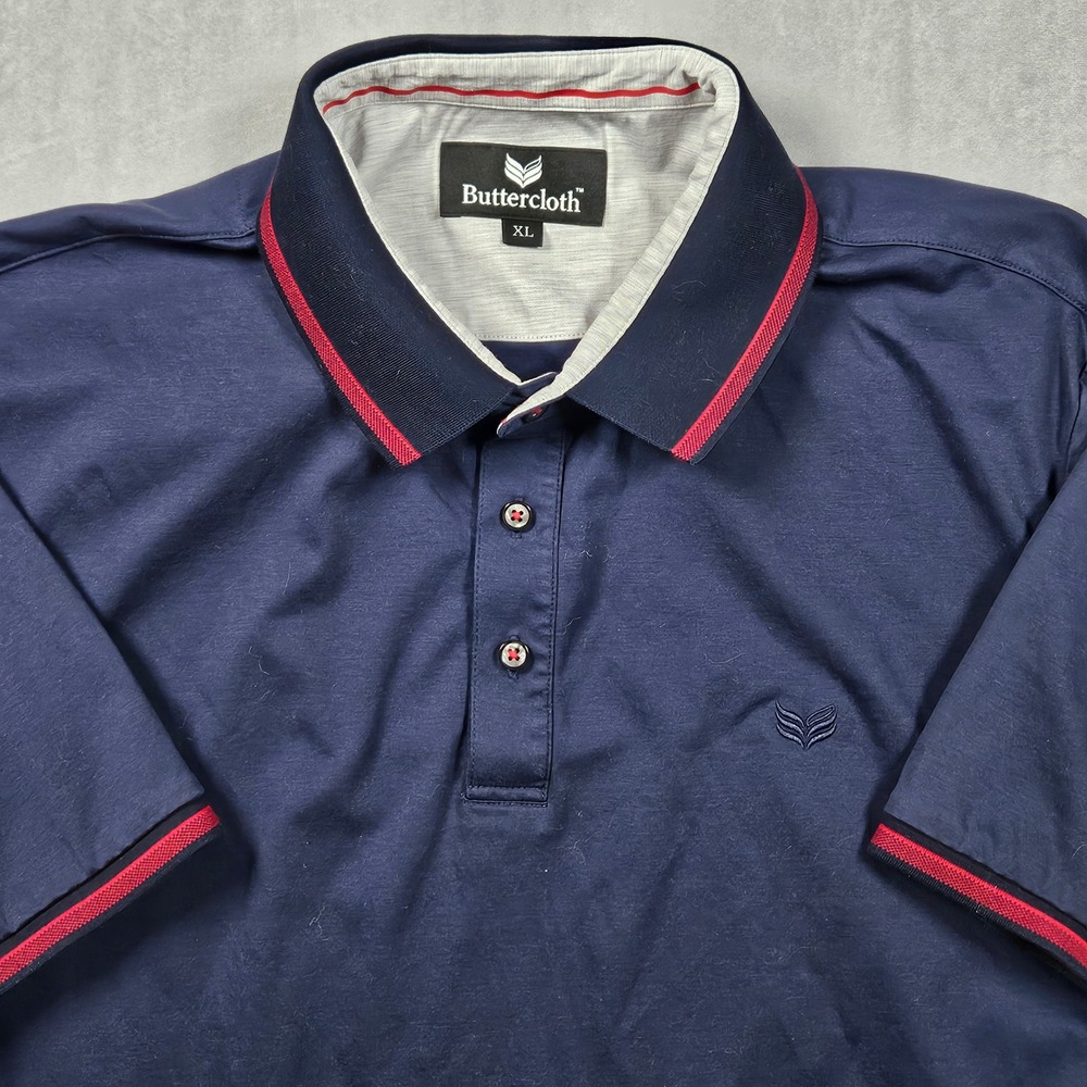 Buttercloth Polo Shirt Mens XL Navy Blue Red Tipped Short Sleeve Logo Knit